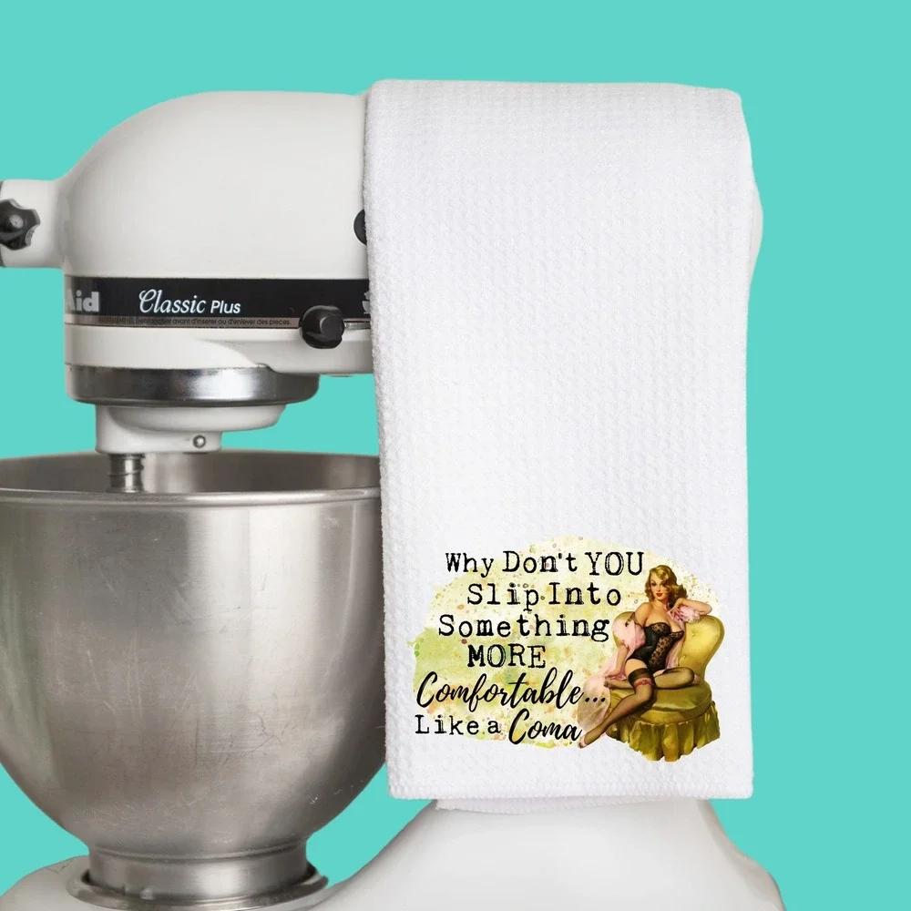 Vintage Pin Up Girl Waffle Weave Kitchen Towel White Sarcastic Coma Humor